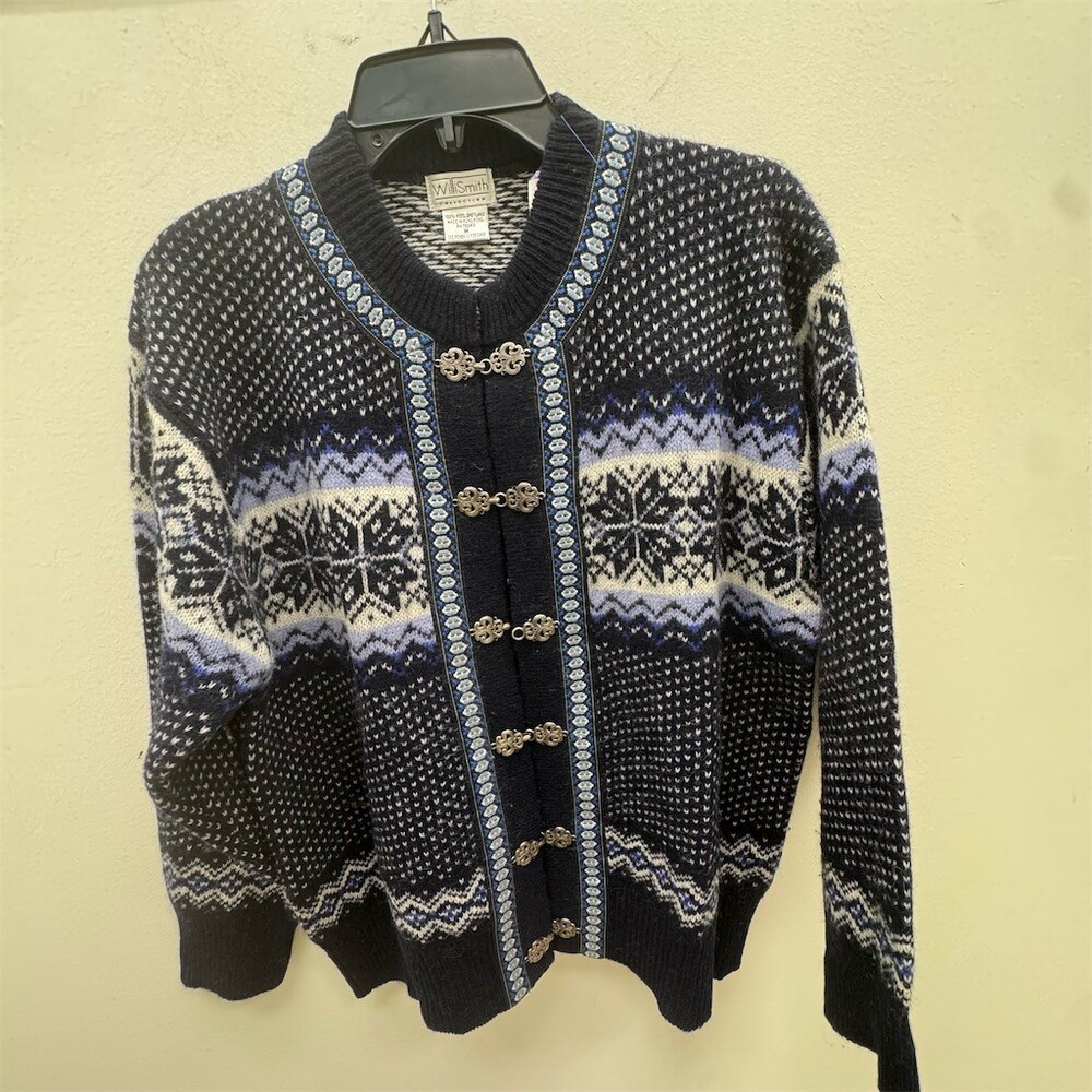 WilliSmith Collection Cardigan Sweater Womens M Blue Nordic Fair Isle